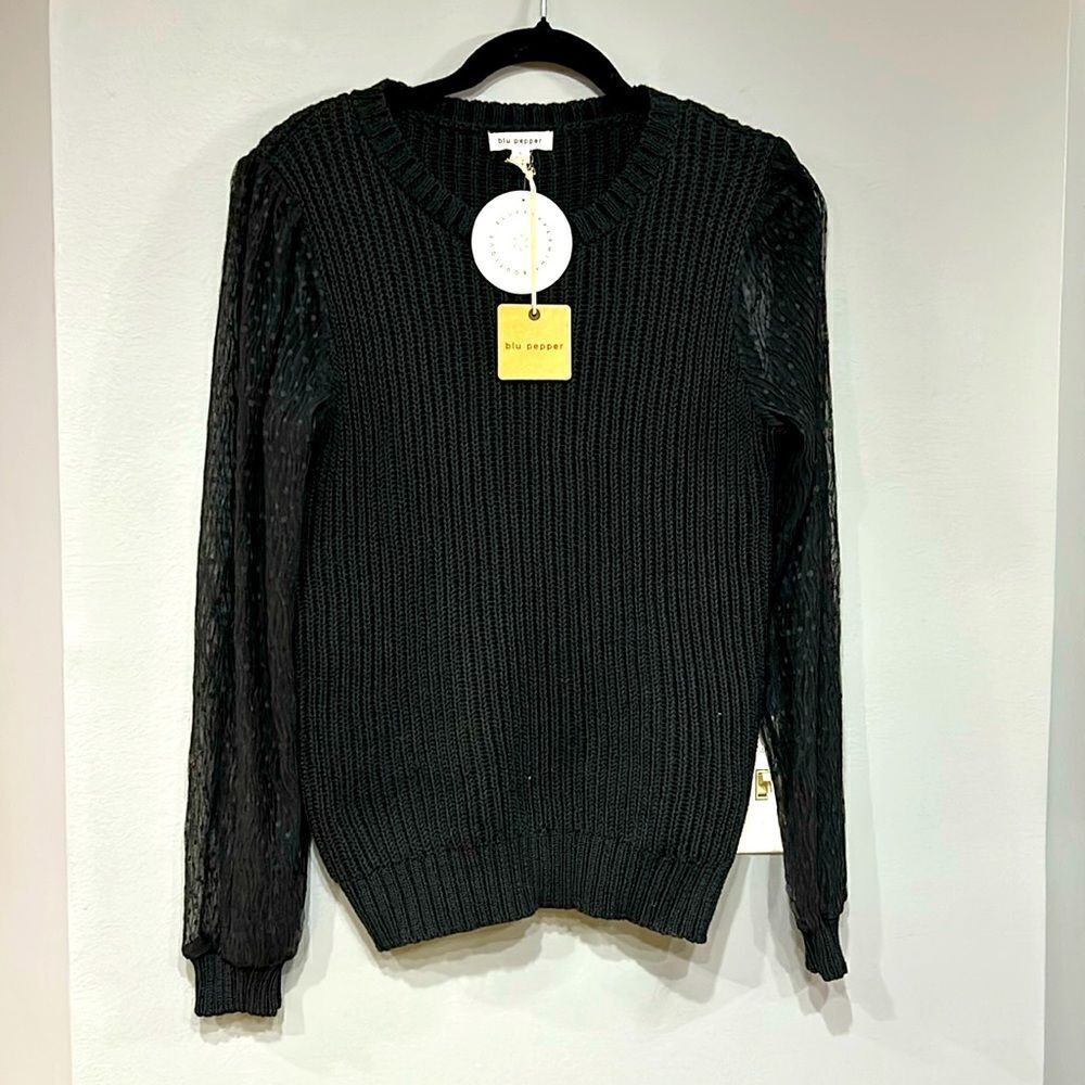 Blu Pepper sheer balloon sleeve Swiss‎ dot black sweater size L BIN E NEW